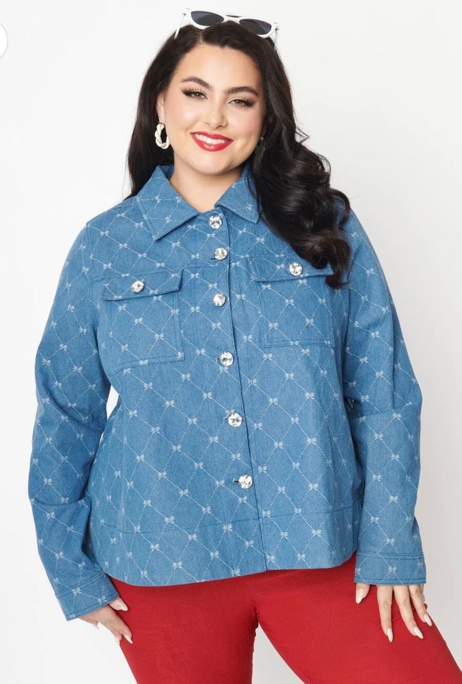 Unique Vintage Plus Blue Bow Denim Jean Jacket Coat 1X NWT